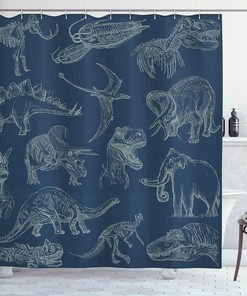 Night Blue Dinosaur Shower Curtain, Arrangement of Various Illustrations Bathroom Decor, Home Decor