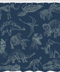 Night Blue Dinosaur Shower Curtain, Arrangement of Various Illustrations Bathroom Decor, Home Decor
