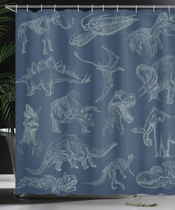 Night Blue Dinosaur Shower Curtain, Arrangement of Various Illustrations Bathroom Decor, Home Decor