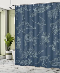 Night Blue Dinosaur Shower Curtain, Arrangement of Various Illustrations Bathroom Decor, Home Decor