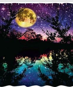 Night Sky Trees Shower Curtain, Contemporary Art Modern Design Bathroom Decor, Home Decor Purple/Pink