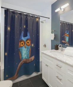 Night Sky Wise Owl Shower Curtain Tree Branch Bathroom Decor