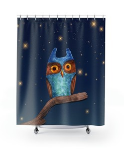 Night Sky Wise Owl Shower Curtain Tree Branch Bathroom Decor
