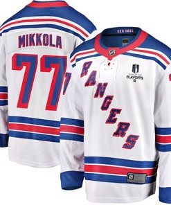 Niko Mikkola 77 New York Rangers Stanley Cup 2023 Playoffs Patch Away Breakaway Men Jersey - White