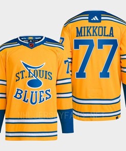 Niko Mikkola 77 Reverse Retro 2.0 2022 St. Louis Blues Yellow Jersey Primegreen