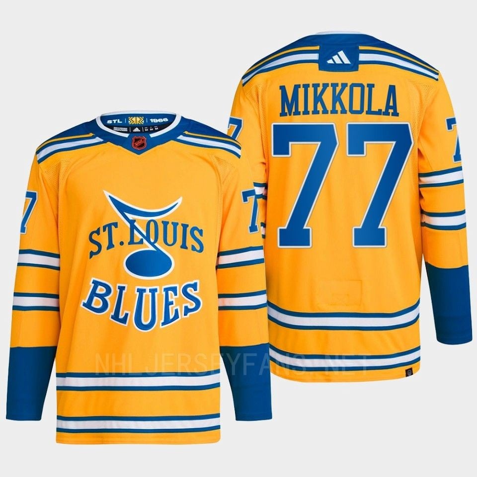Niko Mikkola 77 Reverse Retro 2.0 2022 St. Louis Blues Yellow Jersey Primegreen