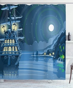 Nocturnal Adventure Pirate Ship Nautical Shower Curtain Blue Moon Bathroom Decor