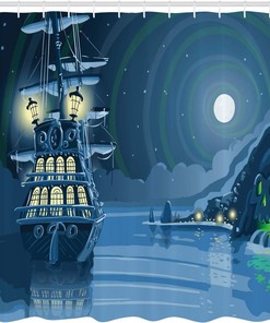 Nocturnal Adventure Pirate Ship Nautical Shower Curtain Blue Moon Bathroom Decor