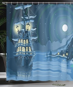 Nocturnal Adventure Pirate Ship Nautical Shower Curtain Blue Moon Bathroom Decor