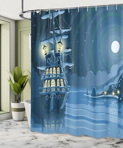Nocturnal Adventure Pirate Ship Nautical Shower Curtain Blue Moon Bathroom Decor