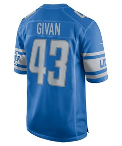 Nolan Givan 43 Detroit Lions Player Game Jersey - Blue