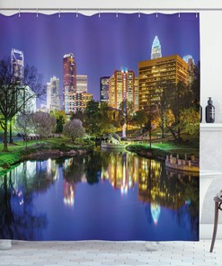 North Carolina City Shower Curtain, American Night Reflections on Lake Photo in Multicolor, Fabric Bathroom Decor