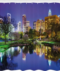 North Carolina City Shower Curtain, American Night Reflections on Lake Photo in Multicolor, Fabric Bathroom Decor