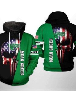 North Texas Mean Green NCAA US Flag Skull 3D All Over Print Hoodie, Zip-Up Hoodie