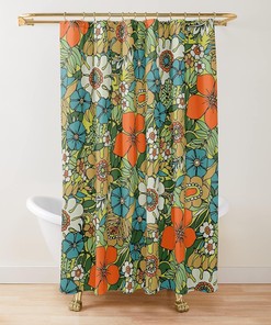 Nostalgic Geometric Pattern Plate Shower Curtain for Retro Bathroom Decor