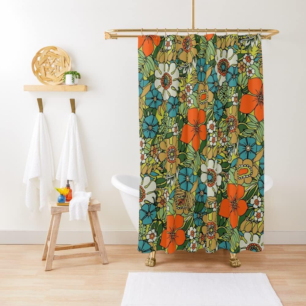Nostalgic Geometric Pattern Plate Shower Curtain for Retro Bathroom Decor