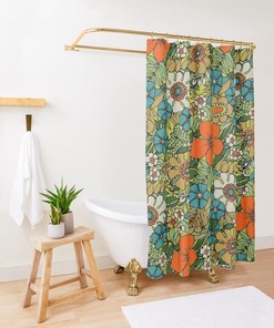 Nostalgic Geometric Pattern Plate Shower Curtain for Retro Bathroom Decor