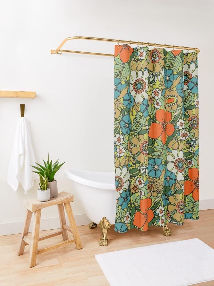 Nostalgic Geometric Pattern Plate Shower Curtain for Retro Bathroom Decor