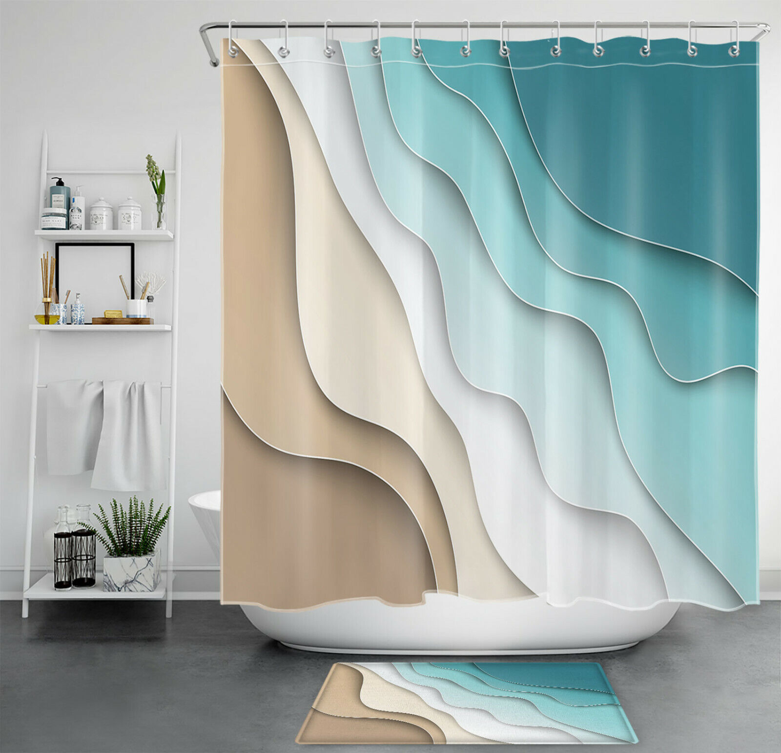 Ocean Beach Ombre Geometric Pattern Shower Curtain for Coastal Bathroom