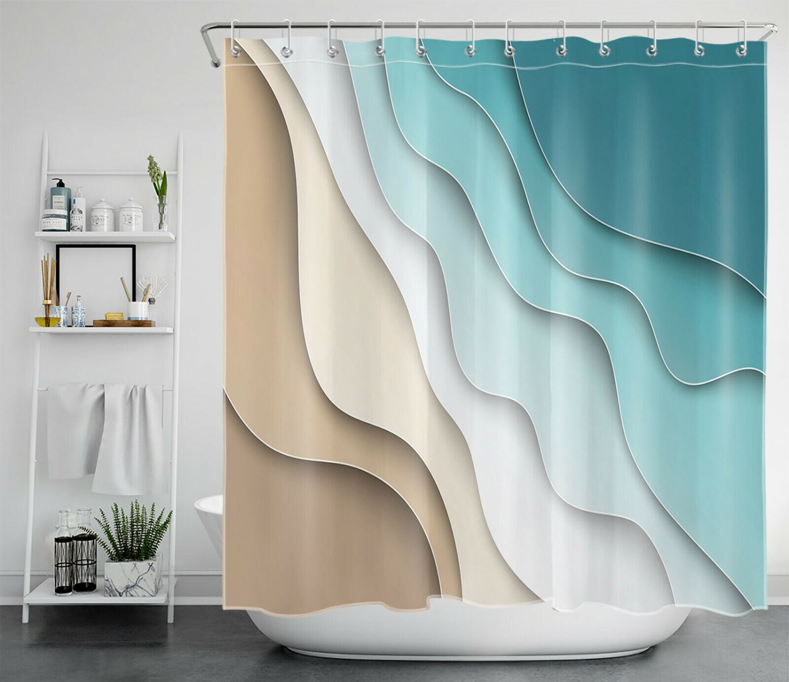 Ocean Beach Ombre Geometric Pattern Shower Curtain for Coastal Bathroom