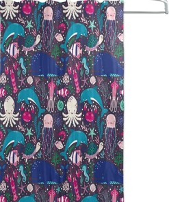 Ocean Life Shower Curtain with Octopus, Whale, Turtle, and Jellyfish for Nautical Bathroom Decor