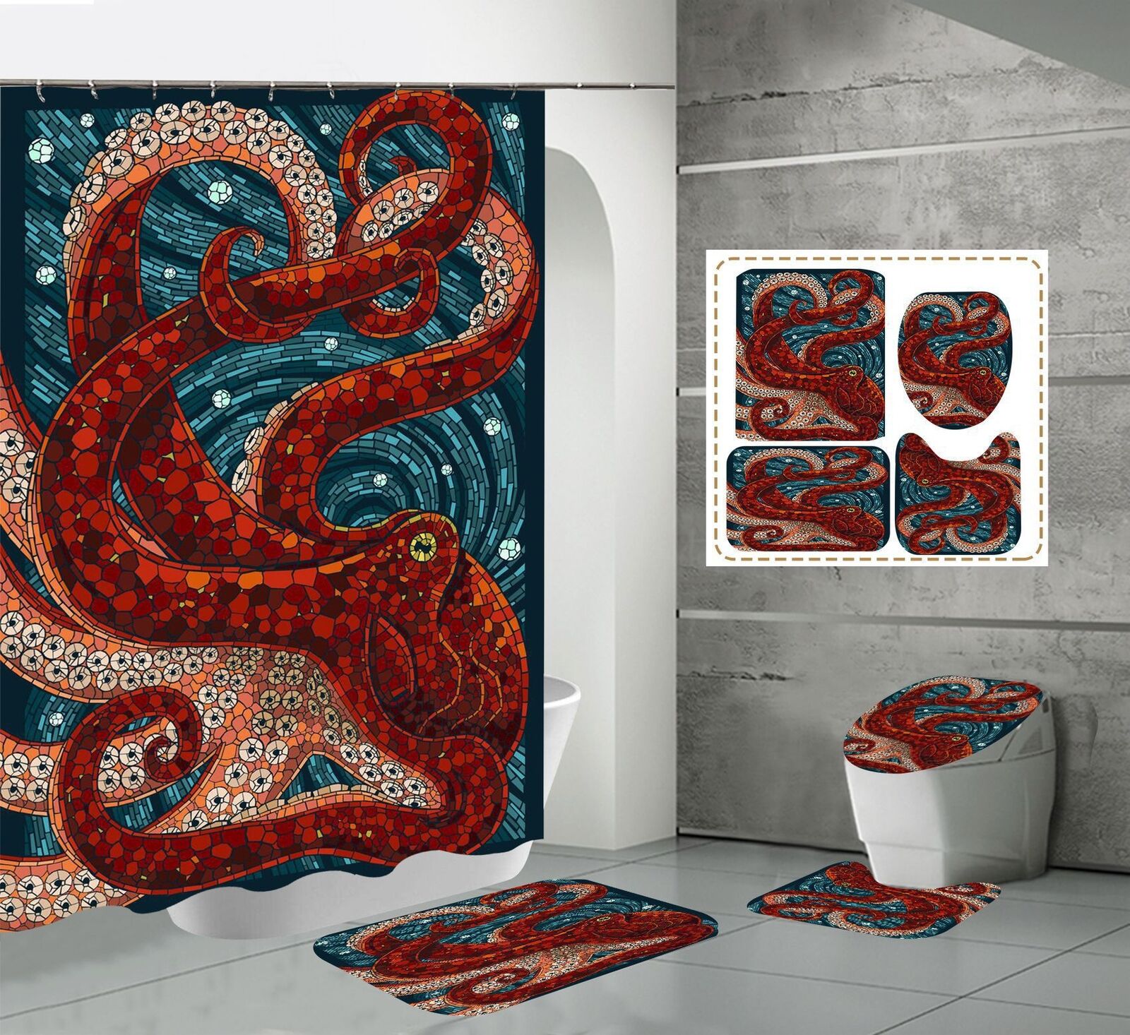 Ocean Odyssey - 3D Glass Octopus Print Shower Curtain with Bathroom Decor