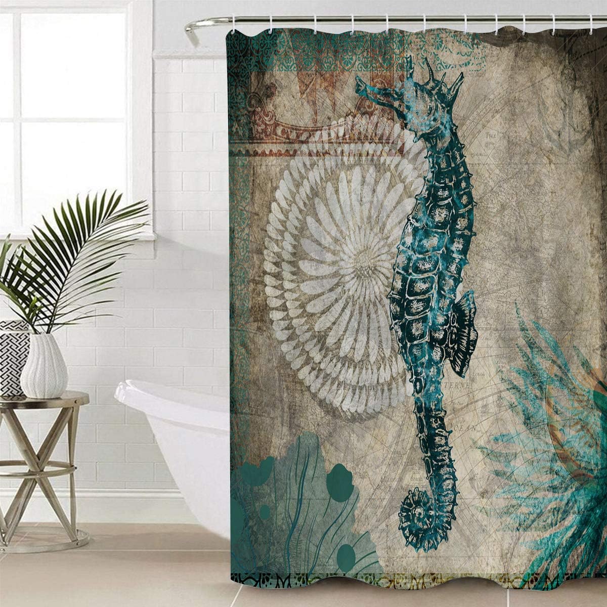 Ocean Seahorse Shower Curtain - Beachy Bathroom Decor