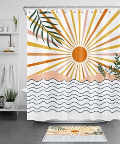 Ocean Sun Abstract Green Leaf Mid Century Shower Curtain for Elegant Bathroom Decor