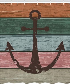 Ocean Theme Anchor Shower Curtain, Rustic Marine on Wooden Planks Nautical Bathroom Sign Design- Bathroom Decor