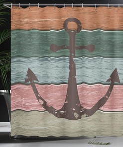 Ocean Theme Anchor Shower Curtain, Rustic Marine on Wooden Planks Nautical Bathroom Sign Design- Bathroom Decor