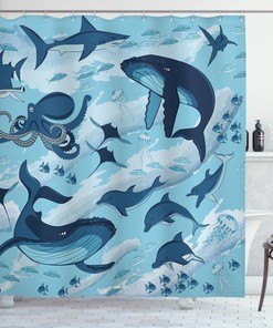 Oceanlife Dolphins Octopus Starfish Print Shower Curtain - Bathroom Decor