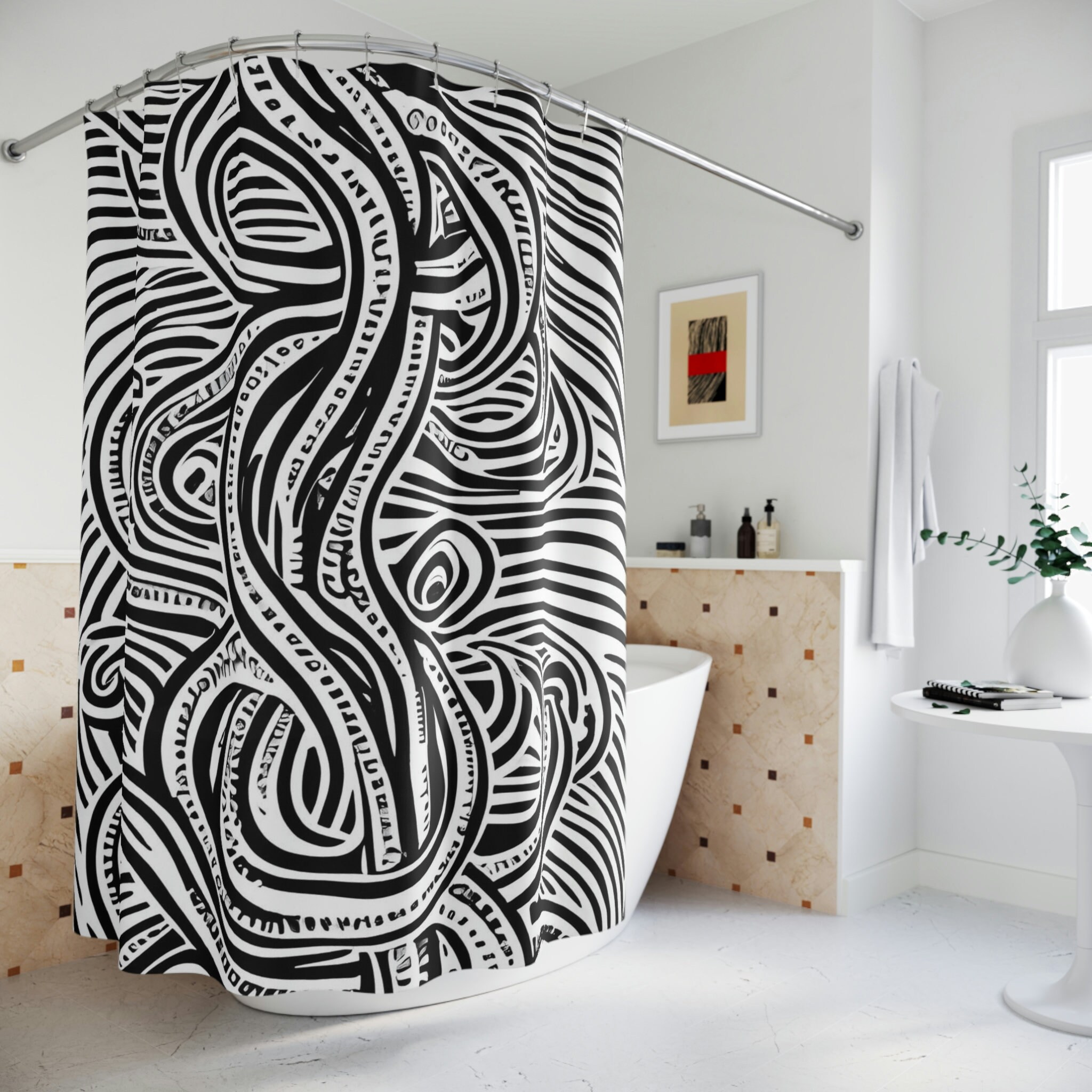 Octopus Shower Curtain Modern AI Art Design with Black and White Print for Kids Bathroom
