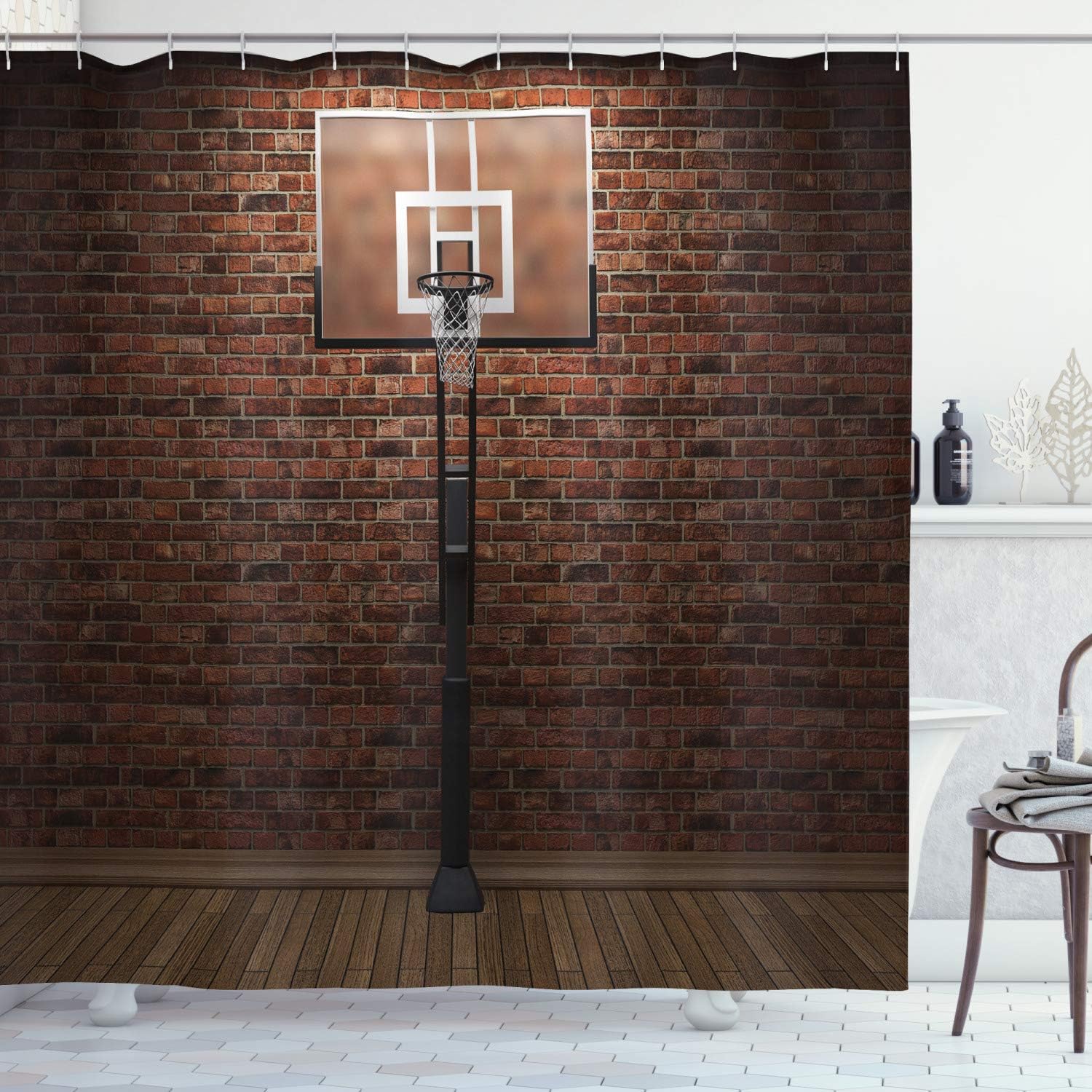 Old Brick Wall Basketball Hoop Rim Shower Curtain, Indoor Training Exercising Stadium Picture Cloth Bathroom Decor in Brown