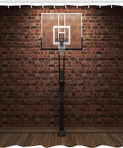 Old Brick Wall Basketball Hoop Rim Shower Curtain, Indoor Training Exercising Stadium Picture Cloth Bathroom Decor in Brown