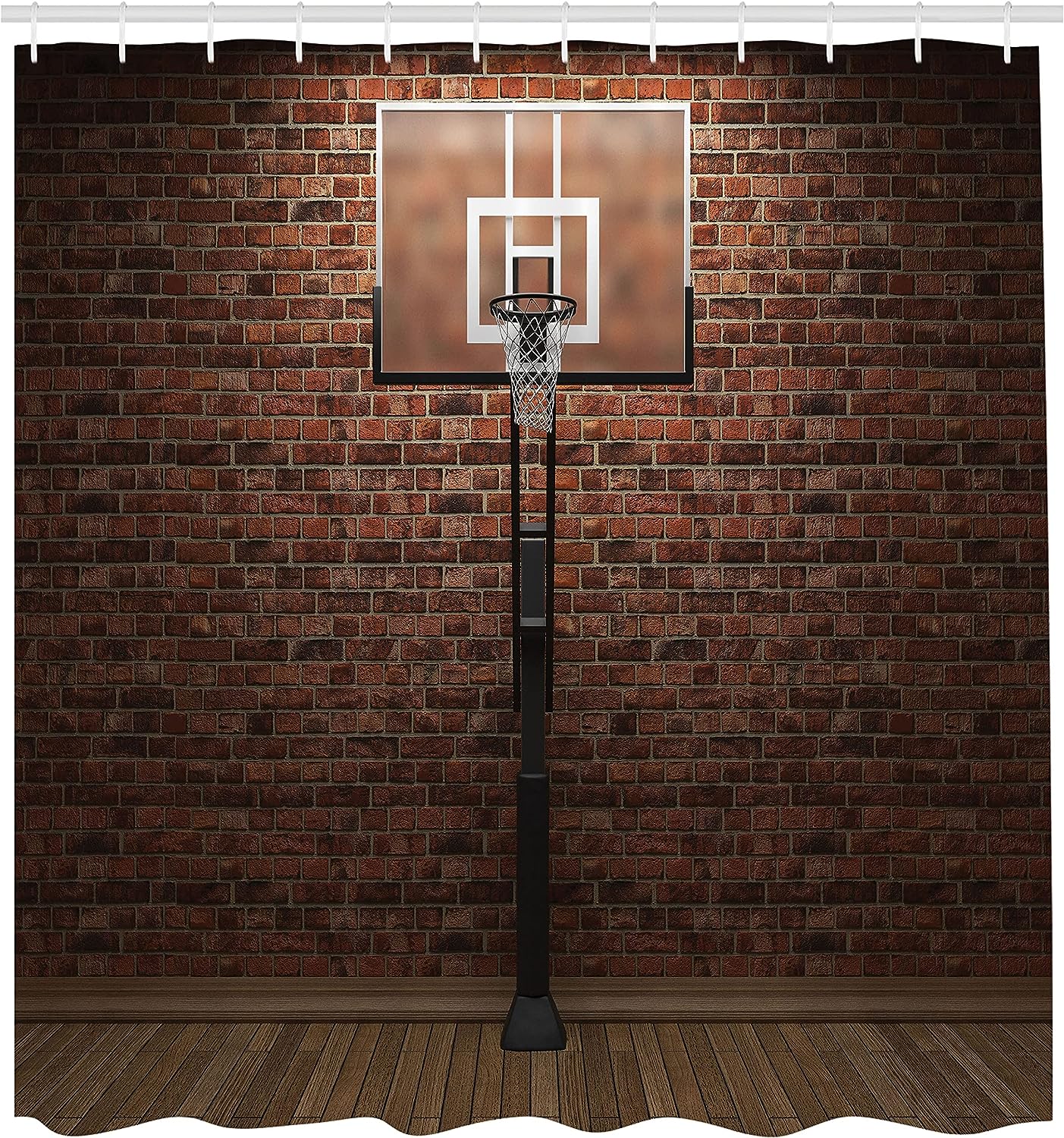 Old Brick Wall Basketball Hoop Rim Shower Curtain, Indoor Training Exercising Stadium Picture Cloth Bathroom Decor in Brown