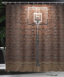 Old Brick Wall Basketball Hoop Rim Shower Curtain, Indoor Training Exercising Stadium Picture Cloth Bathroom Decor in Brown