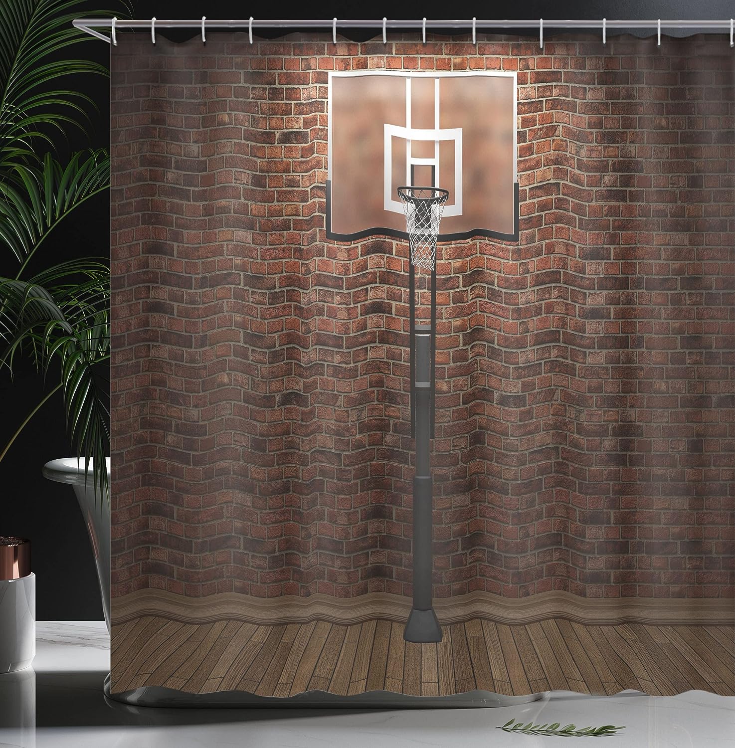Old Brick Wall Basketball Hoop Rim Shower Curtain, Indoor Training Exercising Stadium Picture Cloth Bathroom Decor in Brown