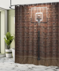 Old Brick Wall Basketball Hoop Rim Shower Curtain, Indoor Training Exercising Stadium Picture Cloth Bathroom Decor in Brown