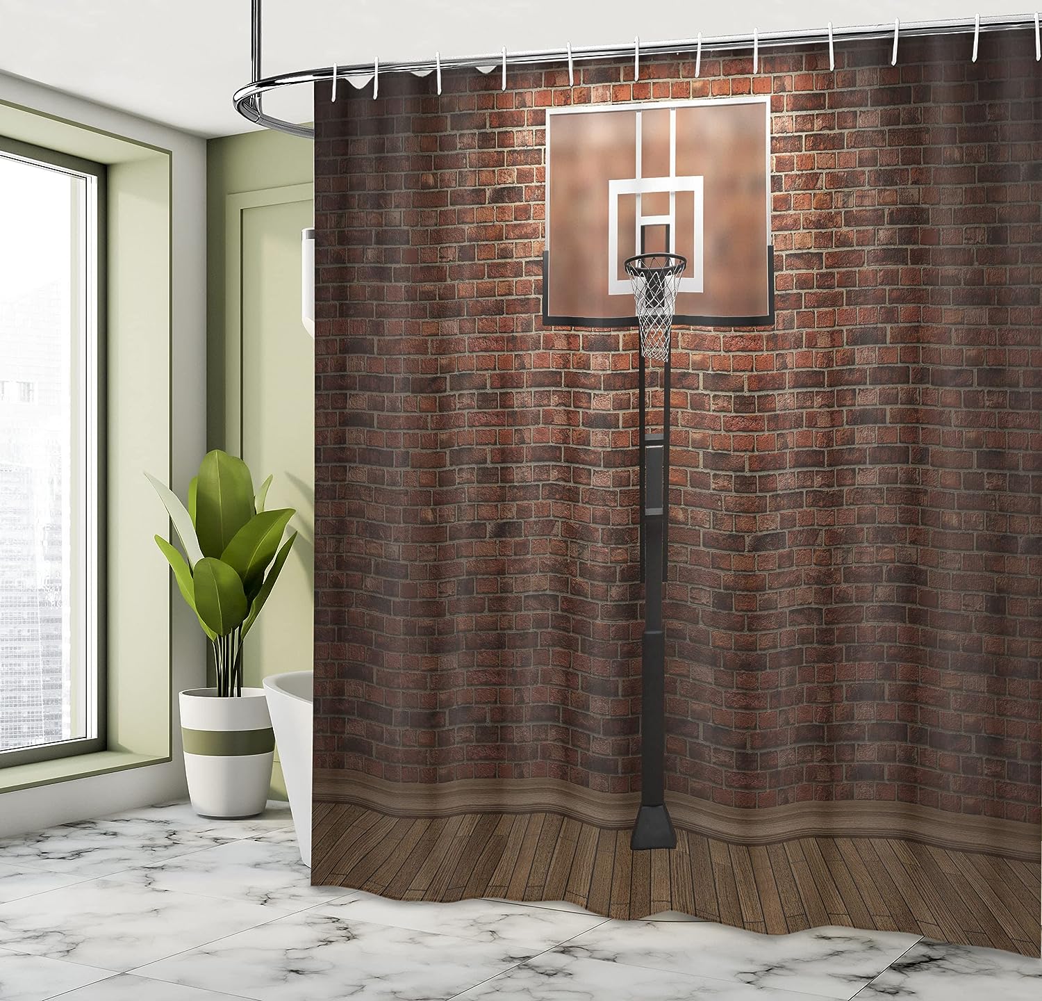 Old Brick Wall Basketball Hoop Rim Shower Curtain, Indoor Training Exercising Stadium Picture Cloth Bathroom Decor in Brown