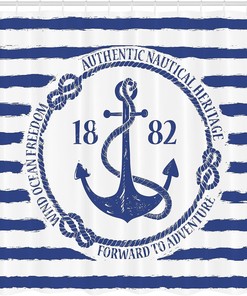 Old Nautical Emblem Anchor Shower Curtain, Striped Background Freedom Heritage- Bathroom Curtain