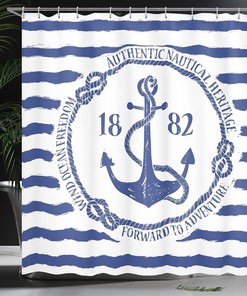 Old Nautical Emblem Anchor Shower Curtain, Striped Background Freedom Heritage- Bathroom Curtain
