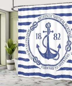 Old Nautical Emblem Anchor Shower Curtain, Striped Background Freedom Heritage- Bathroom Curtain