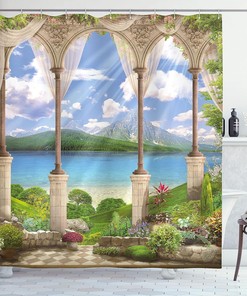Old Stone Arch Shower Curtain, Sea Balcony Garden Plants Art Print for Bathroom Decor, Green Cloth Fabric