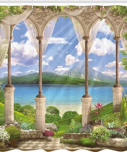 Old Stone Arch Shower Curtain, Sea Balcony Garden Plants Art Print for Bathroom Decor, Green Cloth Fabric