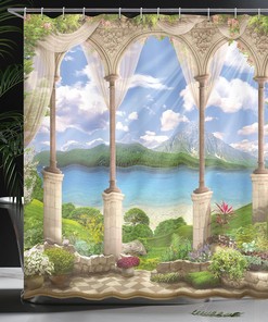 Old Stone Arch Shower Curtain, Sea Balcony Garden Plants Art Print for Bathroom Decor, Green Cloth Fabric