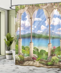 Old Stone Arch Shower Curtain, Sea Balcony Garden Plants Art Print for Bathroom Decor, Green Cloth Fabric