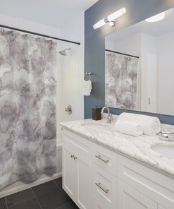 Ombre Watercolor Boho Shower Curtain, Grey Lavender, Lilac and Pastel Clouds, Abstract Art Bathroom Decor