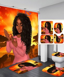Orange African American Shower Curtain Set with Bathroom Accessories 