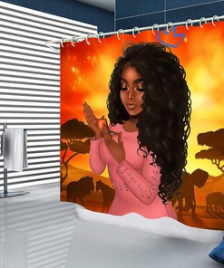 Orange African American Shower Curtain Set with Bathroom Accessories 