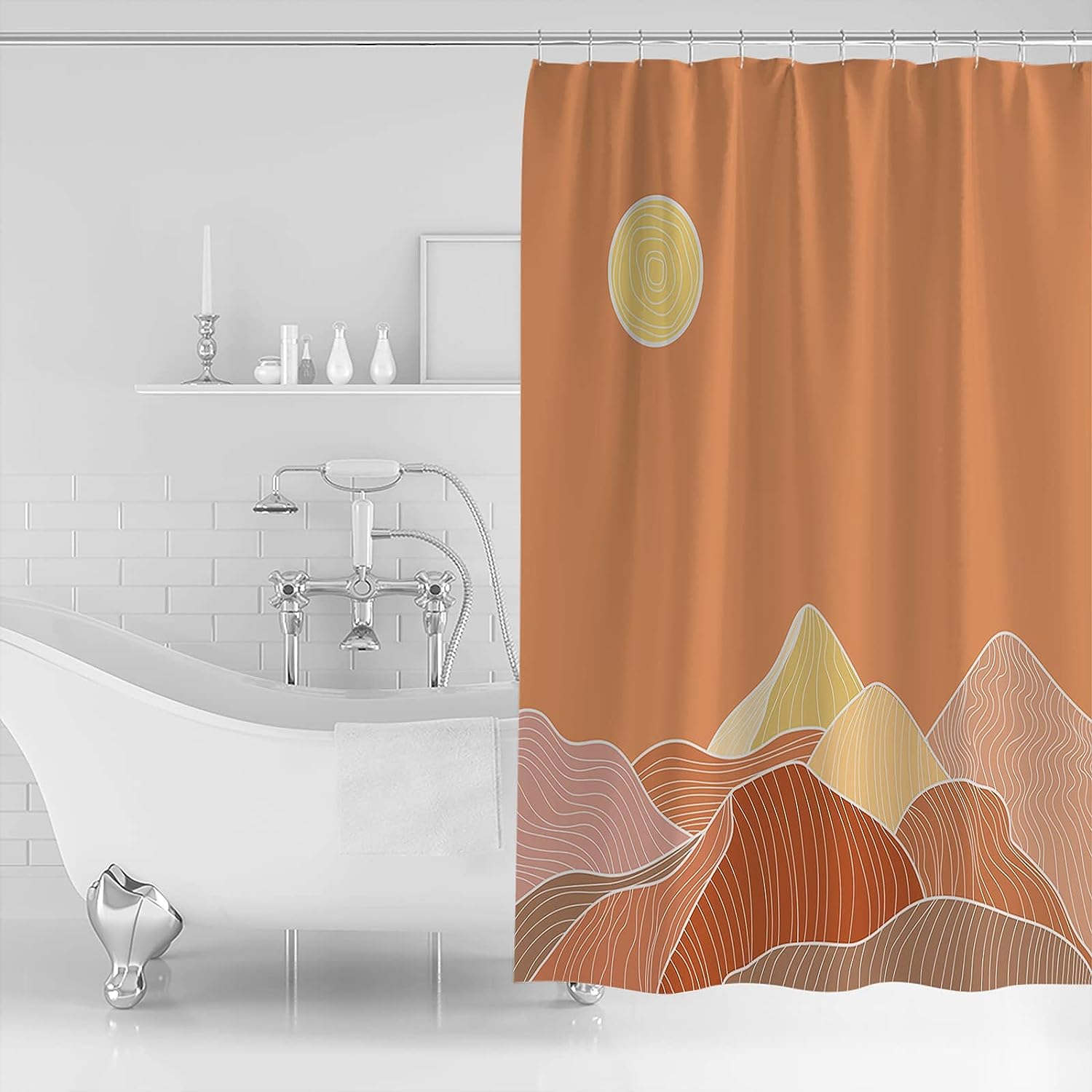 Orange Mountains Shower Curtain, Modern Geometric Abstract Art for Bathroom Decor